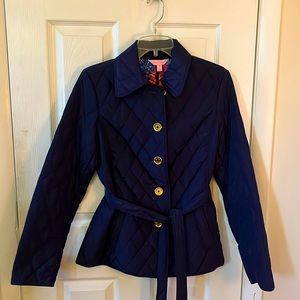 Lily Pulitzer Navy Blue Belted Quilted Jacket with printed interior
